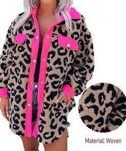 Hot Pink Contrast Trimmed Leopard Teddy Shackets Women